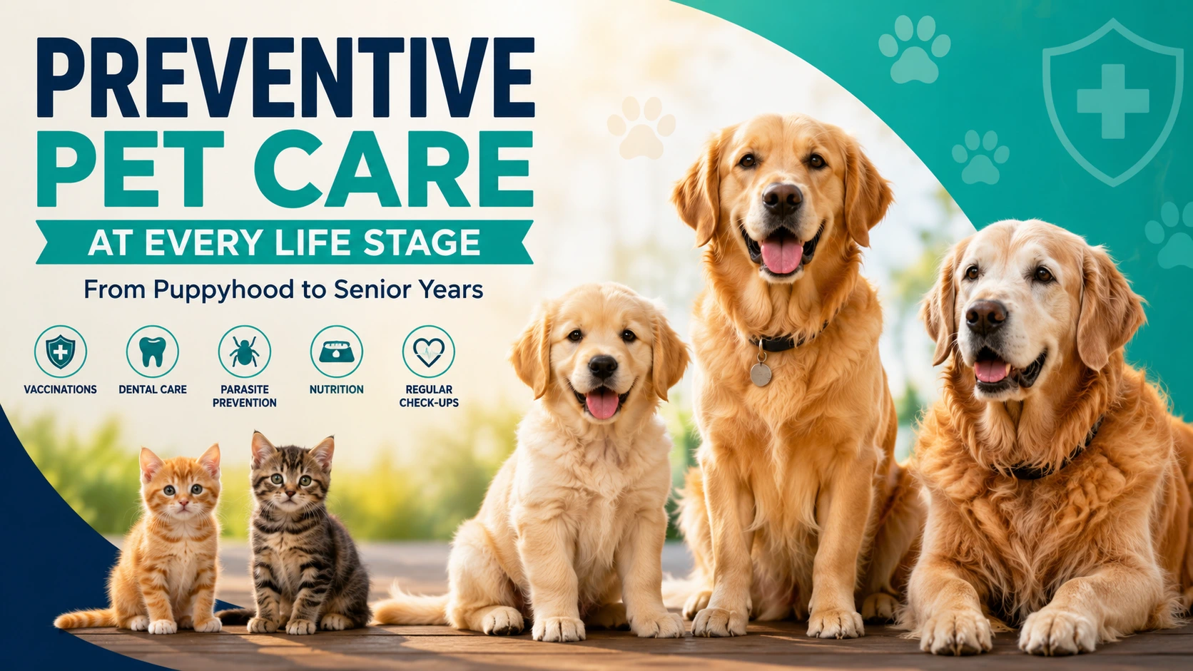 Featured image showing puppies, kittens, adult dogs, and a senior dog representing preventive pet care at every life stage, including vaccinations, nutrition, dental care, parasite prevention, and regular veterinary checkups.