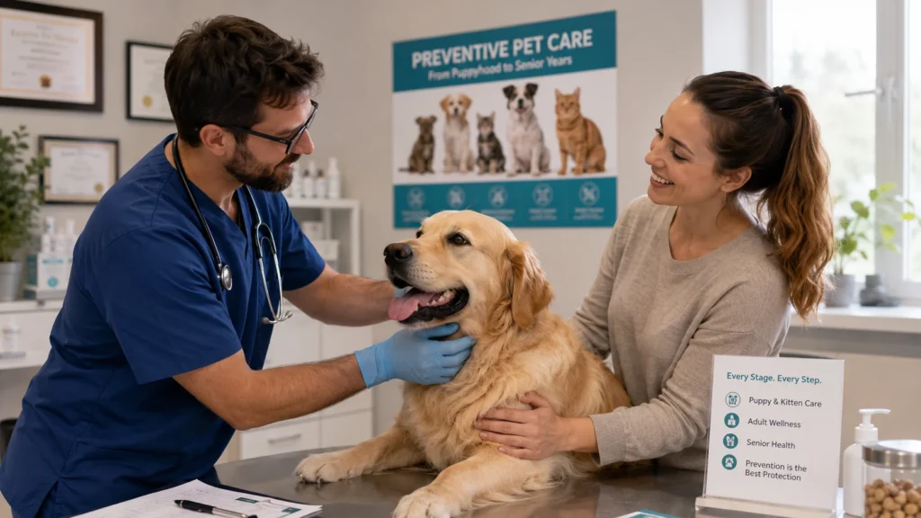 Veterinarian performing a preventive health check on a golden retriever while its owner looks on during a routine wellness exam at a modern veterinary clinic.