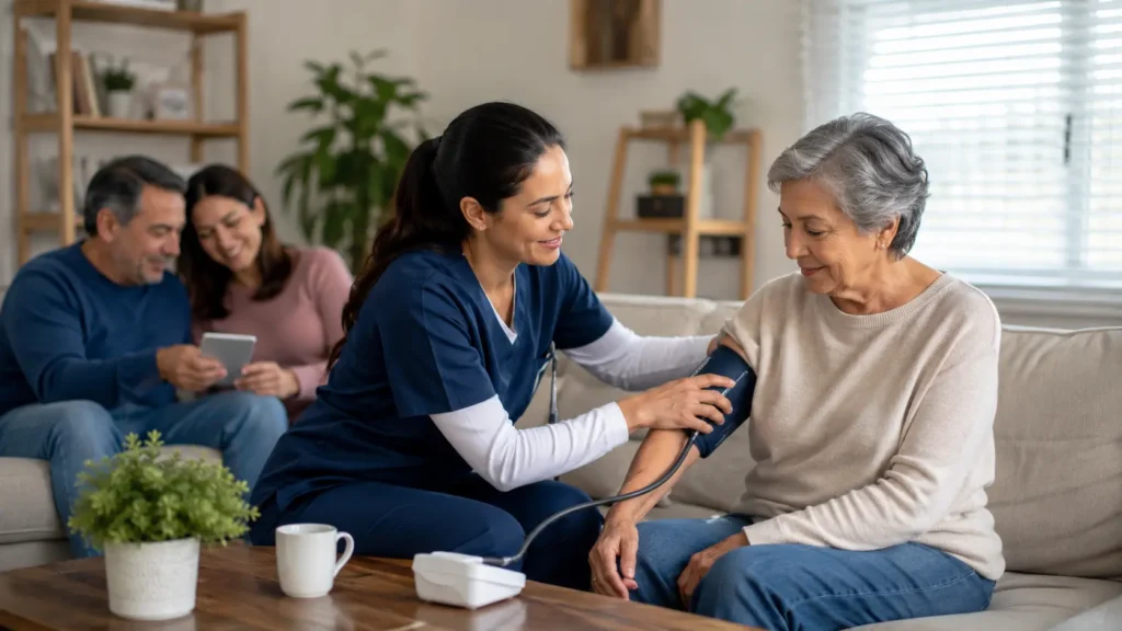 Professional home caregiver assisting an elderly woman while family members relax together, highlighting the benefits of in-home senior care for the entire family.