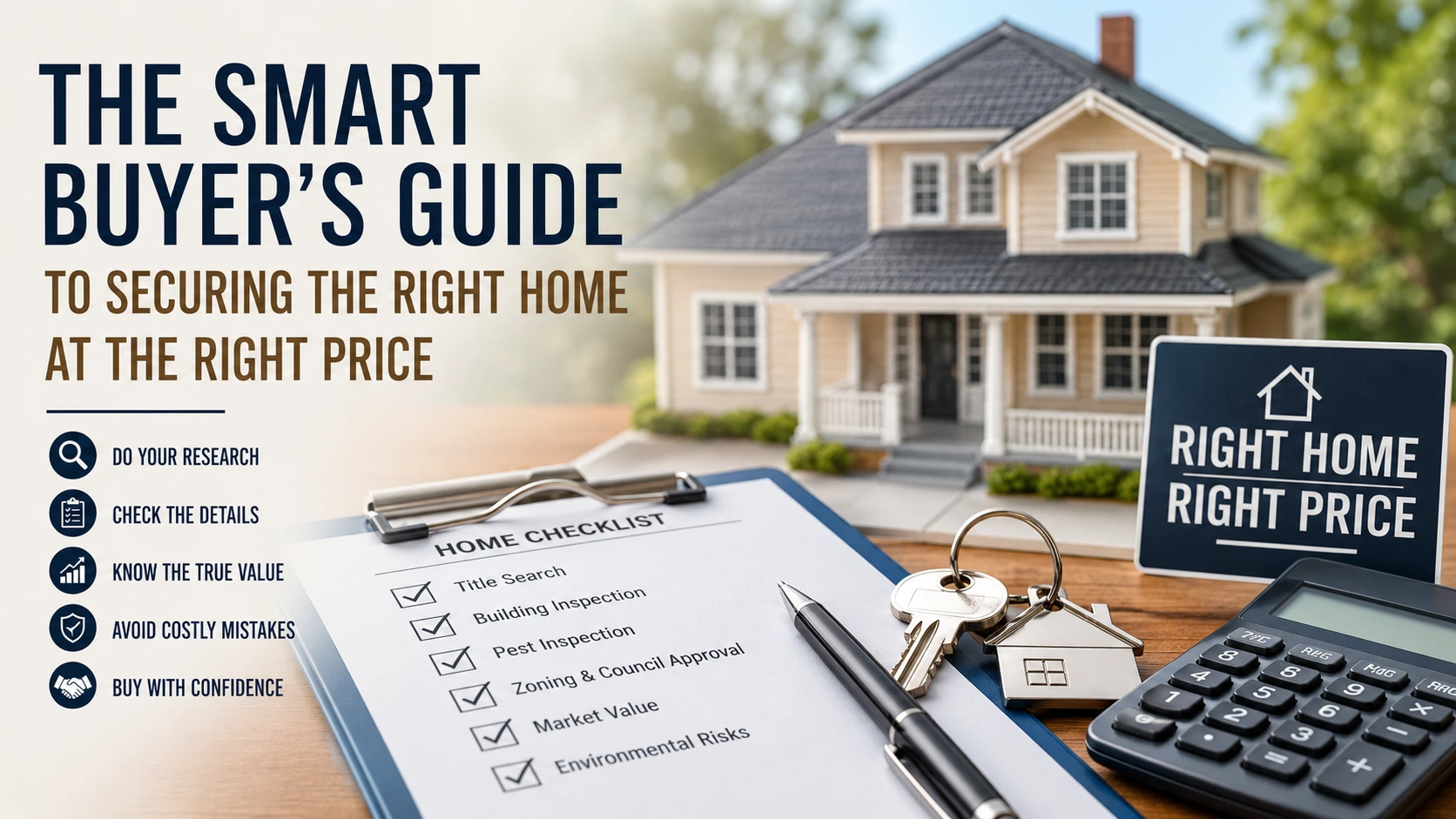Property due diligence checklist with house keys and calculator for smart home buyers.
