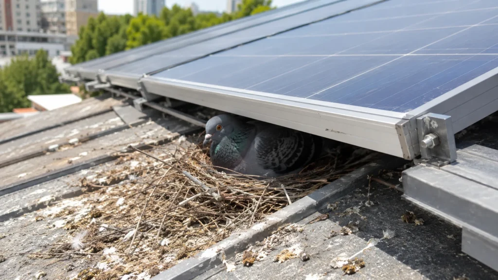 Pigeon nesting beneath rooftop solar panels with bird droppings and debris, illustrating the importance of protecting residential solar panels from urban birds.