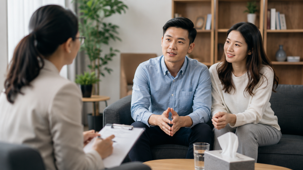 Professional psychologist providing counseling to a couple during a therapy session in a modern Singapore psychology clinic.