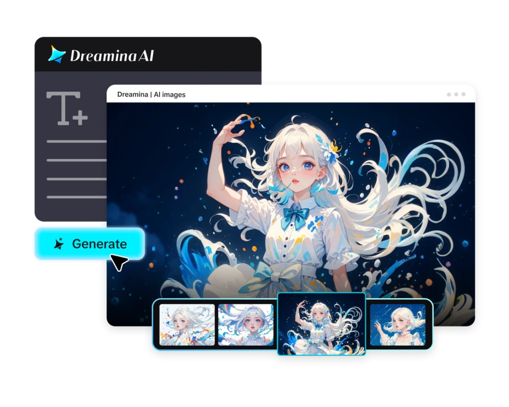 Dreamina AI image generation interface displaying an AI-created anime-style artwork with a Generate button and multiple image preview thumbnails.