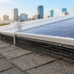 Rooftop solar panels protected with bird mesh to prevent pigeons and other urban birds from nesting underneath, helping maintain energy efficiency and roof safety.