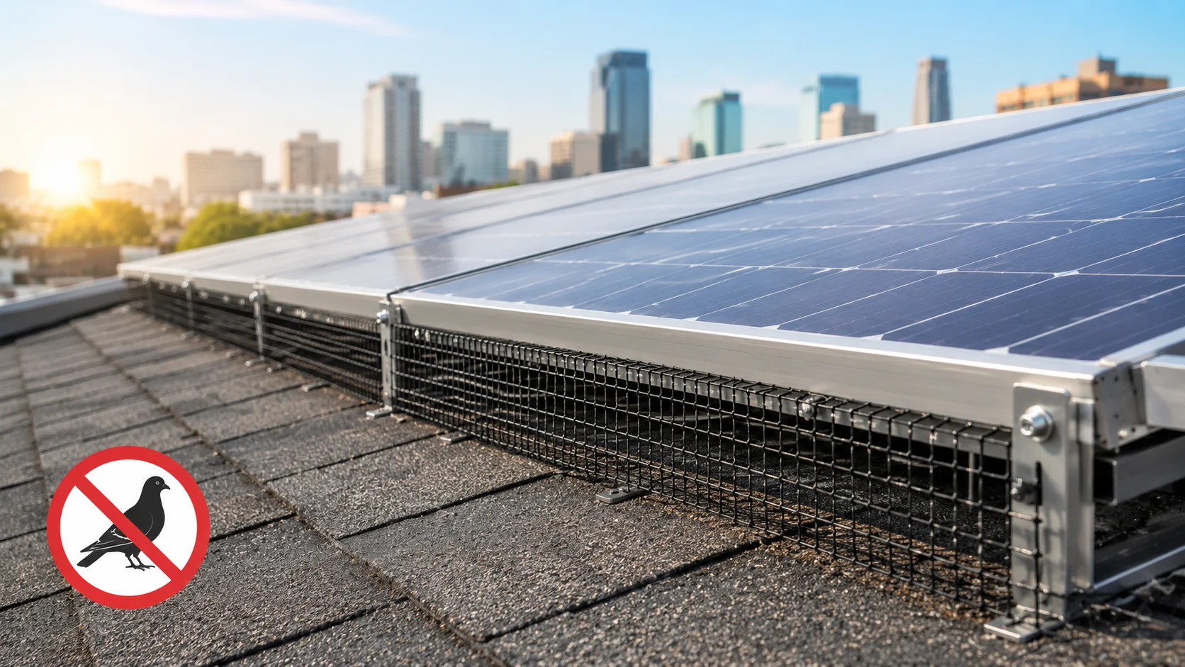 Rooftop solar panels protected with bird mesh to prevent pigeons and other urban birds from nesting underneath, helping maintain energy efficiency and roof safety.