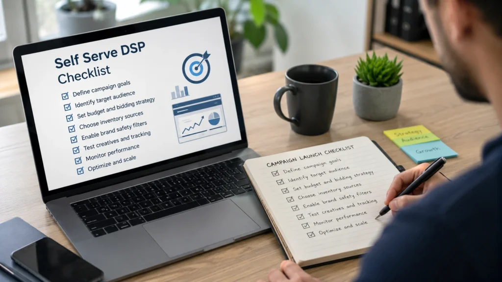 Digital marketer using a self serve DSP campaign launch checklist on a laptop to plan and optimize a programmatic advertising campaign.