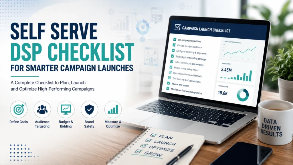 Professional marketer launching a self serve DSP campaign using a digital checklist, analytics dashboard, and AI-powered programmatic advertising tools in a modern office.