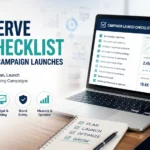 Professional marketer launching a self serve DSP campaign using a digital checklist, analytics dashboard, and AI-powered programmatic advertising tools in a modern office.