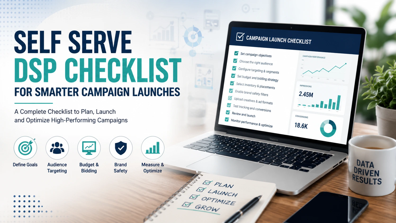 Professional marketer launching a self serve DSP campaign using a digital checklist, analytics dashboard, and AI-powered programmatic advertising tools in a modern office.