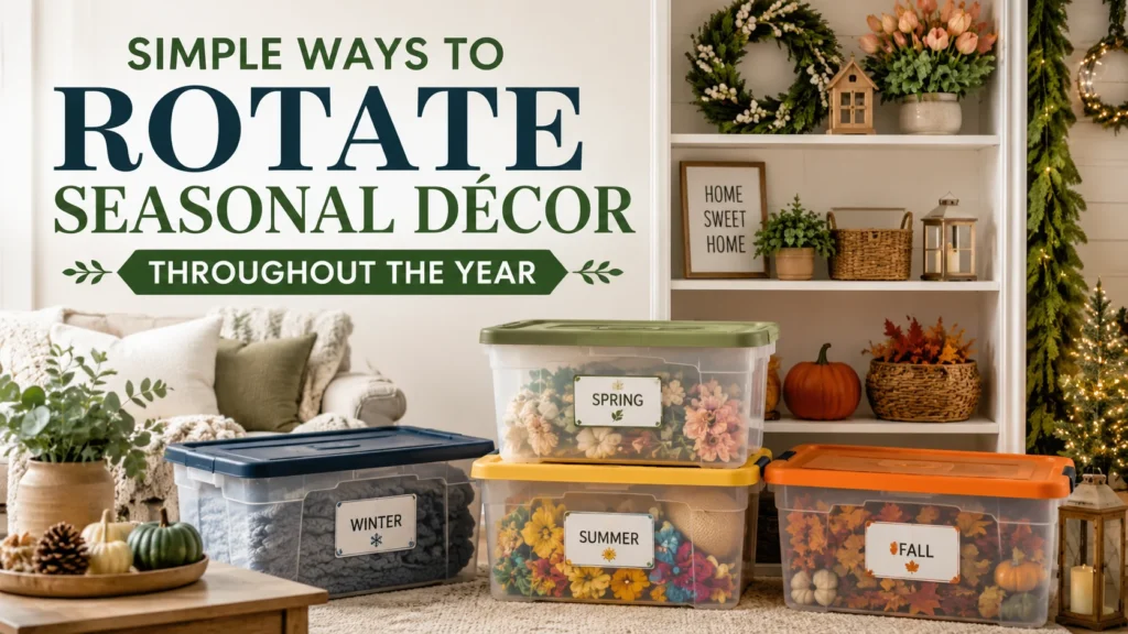 Organized seasonal décor storage bins for spring, summer, fall, and winter in a neatly decorated living room.