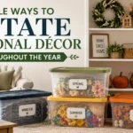 Organized seasonal décor storage bins for spring, summer, fall, and winter in a neatly decorated living room.