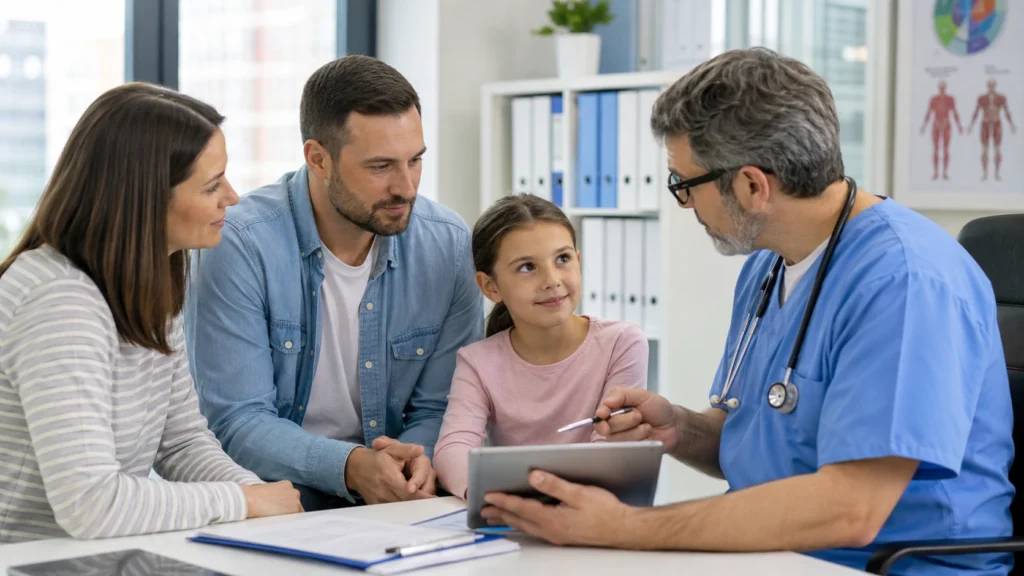 Parents consulting with a pediatric specialist to make informed decisions about specialized pediatric care for their child in a modern hospital.