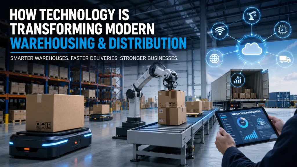 Technology transforming modern warehousing with AI robots, warehouse automation, cloud WMS, and smart distribution systems.