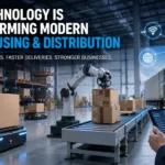 Technology transforming modern warehousing with AI robots, warehouse automation, cloud WMS, and smart distribution systems.
