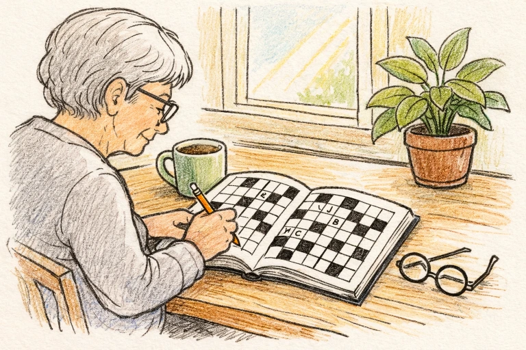 Person solving a crossword puzzle book at home to improve memory, focus, and cognitive brain health.