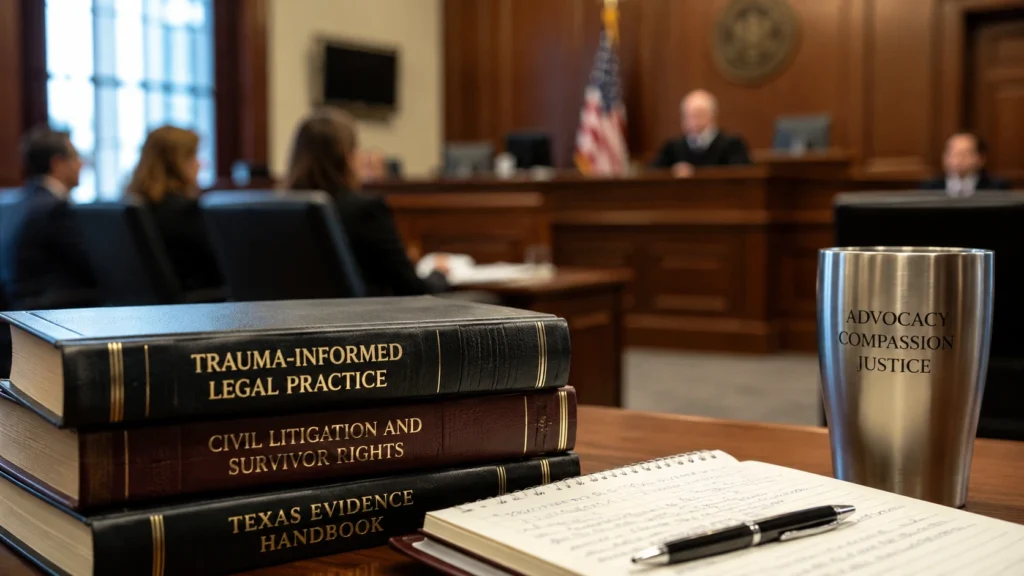 Legal professionals in a Houston courtroom demonstrating trauma-informed certification practices and modern courtroom procedures for survivor-centered civil litigation.