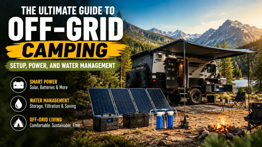 Feature image showing an off-grid camping setup with a solar-powered off-road camper, lithium battery system, portable solar panels, water filtration equipment, and mountain landscape representing power and water management.