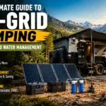 Feature image showing an off-grid camping setup with a solar-powered off-road camper, lithium battery system, portable solar panels, water filtration equipment, and mountain landscape representing power and water management.