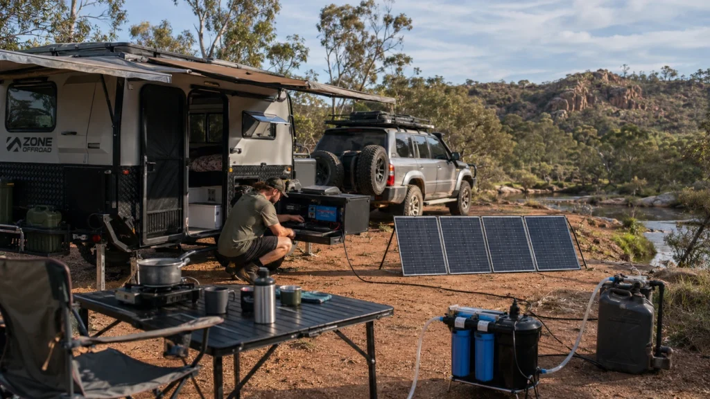 Off-grid camping setup with an off-road caravan, portable solar panels, lithium battery system, and water filtration equipment at a remote campsite.