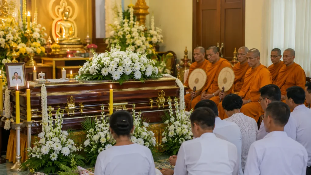 Buddhist funeral ceremony with monks chanting, family members paying respects, and a flower-adorned casket during a traditional memorial service.