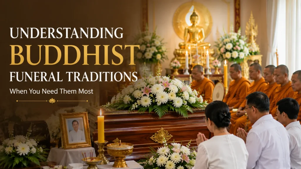 Traditional Buddhist funeral ceremony featuring monks chanting prayers, mourners paying respects, and a flower-adorned casket in a peaceful temple setting.