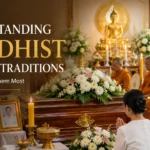 Traditional Buddhist funeral ceremony featuring monks chanting prayers, mourners paying respects, and a flower-adorned casket in a peaceful temple setting.