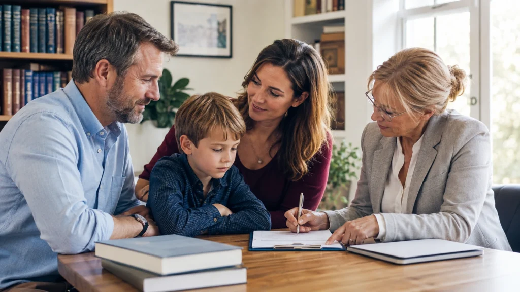 Family meeting with a legal professional discussing guardianship, kinship care, and child welfare support options.