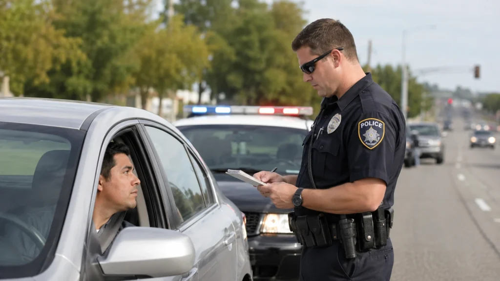 Driver speaking with a police officer during a traffic stop, illustrating how understanding traffic law promotes safer and more confident driving.