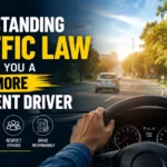 Driver following traffic laws on a public road with traffic signs, highlighting how understanding traffic law promotes safer, more confident, and responsible driving.