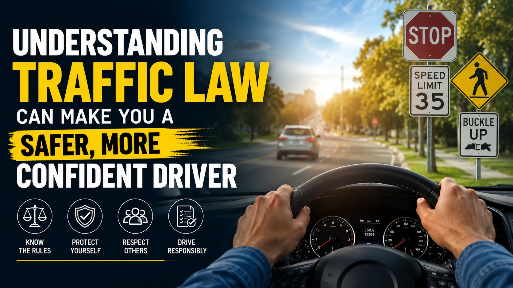 Driver following traffic laws on a public road with traffic signs, highlighting how understanding traffic law promotes safer, more confident, and responsible driving.