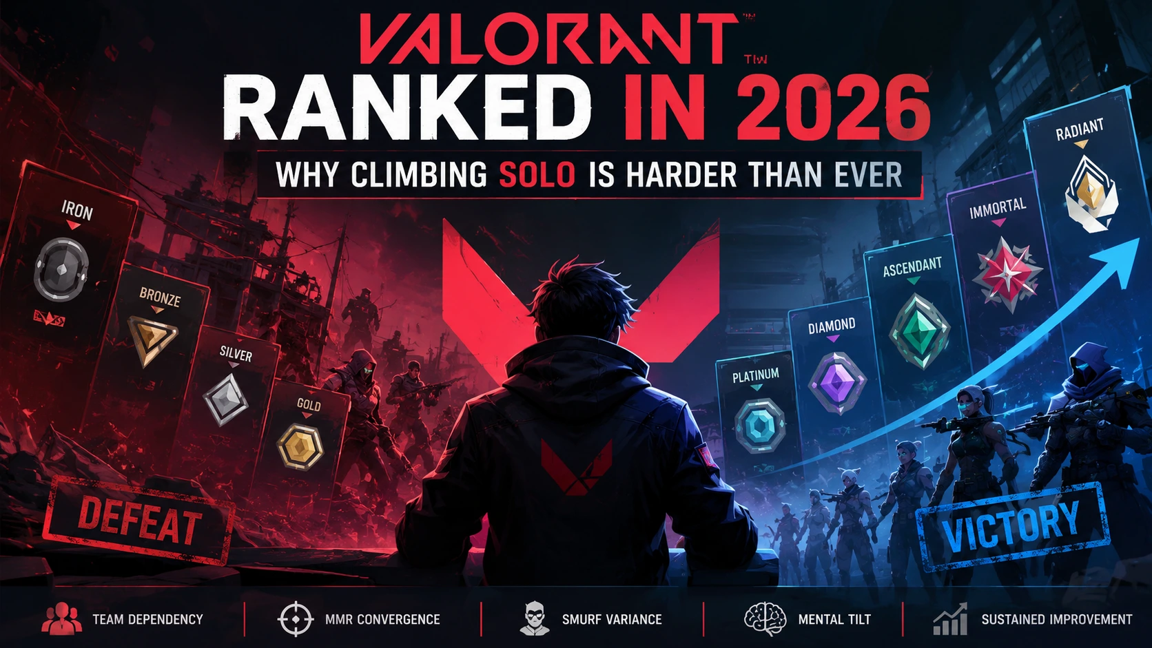 Valorant Ranked 2026 showing why solo climbing is harder than ever with rank tiers, MMR progression, and competitive matchmaking illustration.