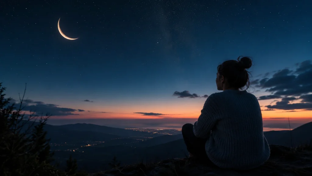 Person meditating under a waxing crescent moon, symbolizing spiritual growth, hope, manifestation, and new beginnings.