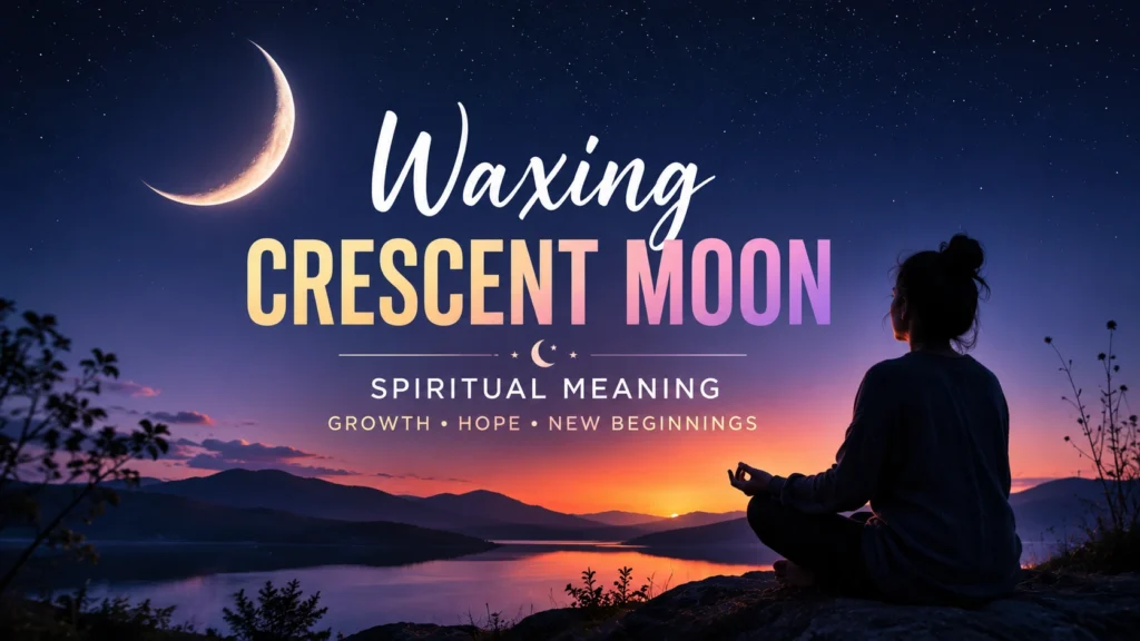 Waxing crescent moon spiritual meaning featuring a glowing crescent moon over a peaceful landscape with a person meditating, symbolizing growth, hope, and new beginnings.