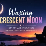 Waxing crescent moon spiritual meaning featuring a glowing crescent moon over a peaceful landscape with a person meditating, symbolizing growth, hope, and new beginnings.