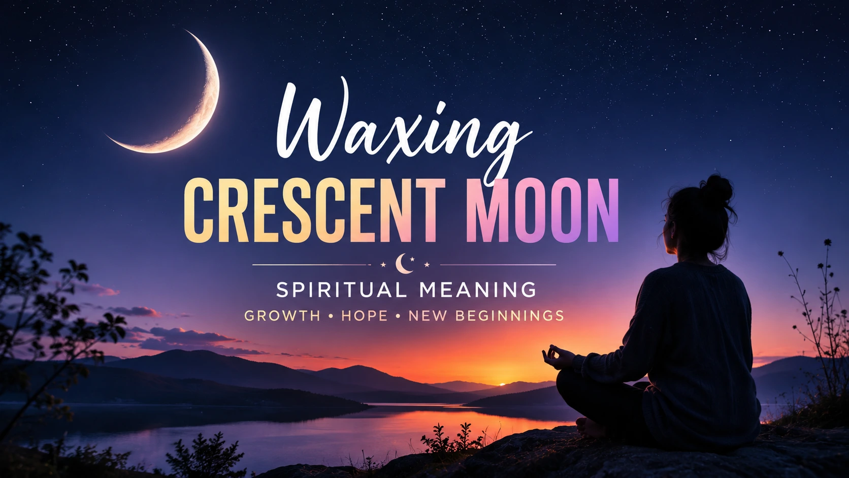 Waxing crescent moon spiritual meaning featuring a glowing crescent moon over a peaceful landscape with a person meditating, symbolizing growth, hope, and new beginnings.