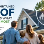 Family standing in front of a well-maintained home with a strong roof, illustrating how regular roof maintenance protects the home, improves safety, and supports long-term family wellbeing.