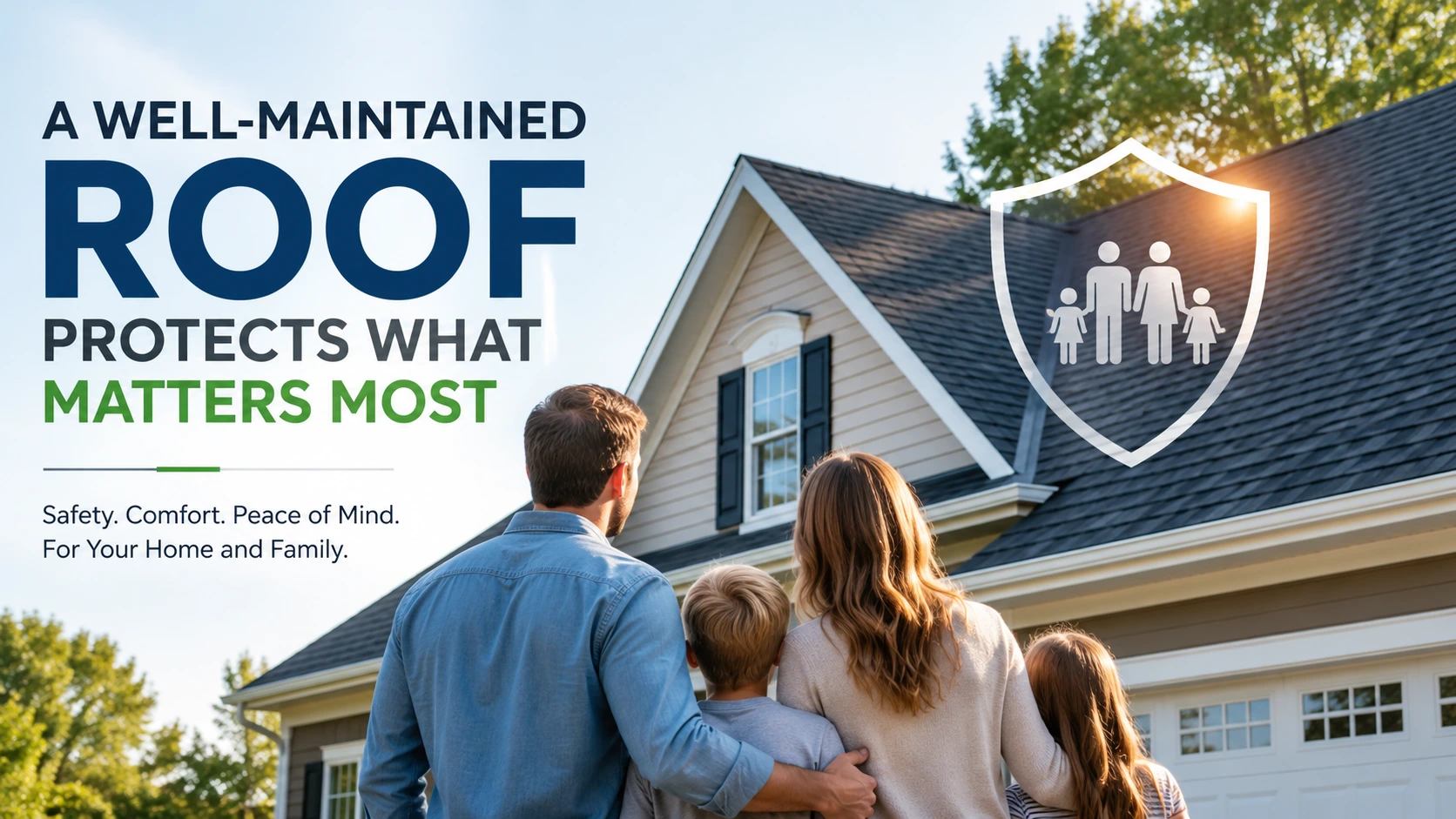 Family standing in front of a well-maintained home with a strong roof, illustrating how regular roof maintenance protects the home, improves safety, and supports long-term family wellbeing.