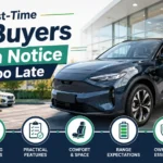 Featured illustration showing a first-time EV buyer comparing an electric vehicle, charging station, and key ownership considerations before purchase.
