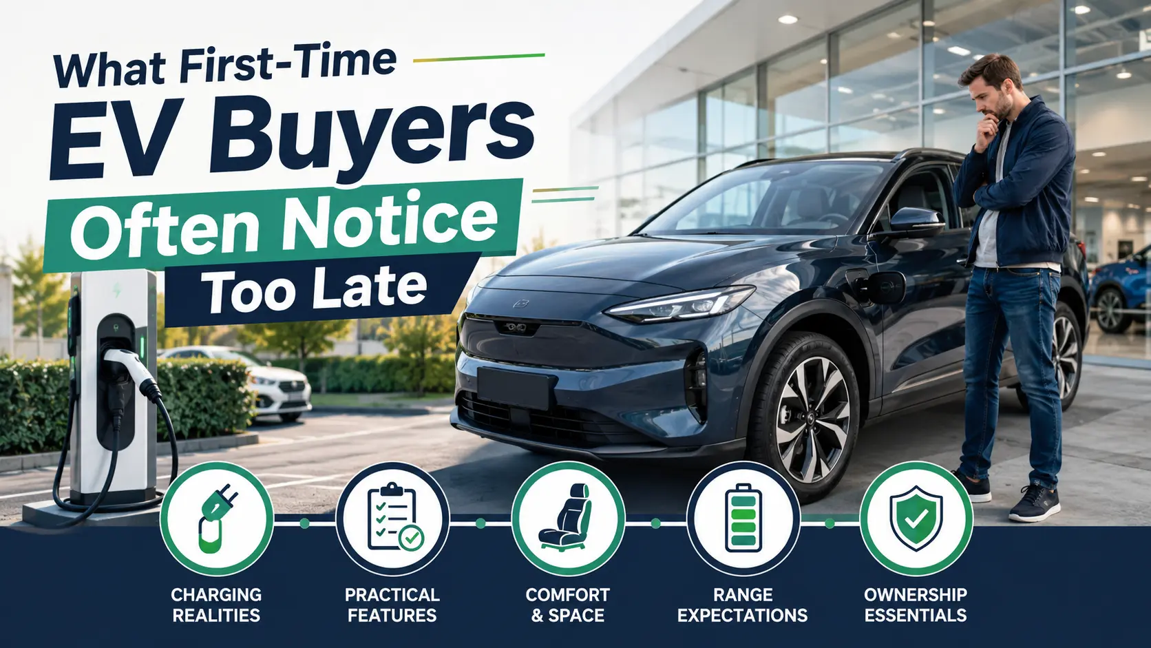 Featured illustration showing a first-time EV buyer comparing an electric vehicle, charging station, and key ownership considerations before purchase.