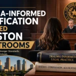 Featured image showing a Houston courtroom with legal professionals, scales of justice, and trauma-informed legal practice representing certification-driven reforms in survivor-centered civil litigation.