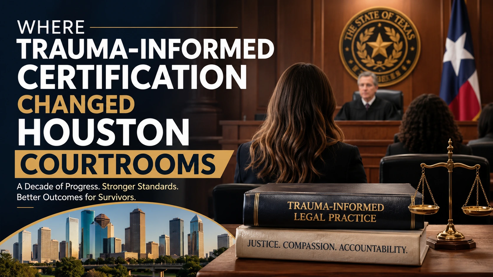 Featured image showing a Houston courtroom with legal professionals, scales of justice, and trauma-informed legal practice representing certification-driven reforms in survivor-centered civil litigation.