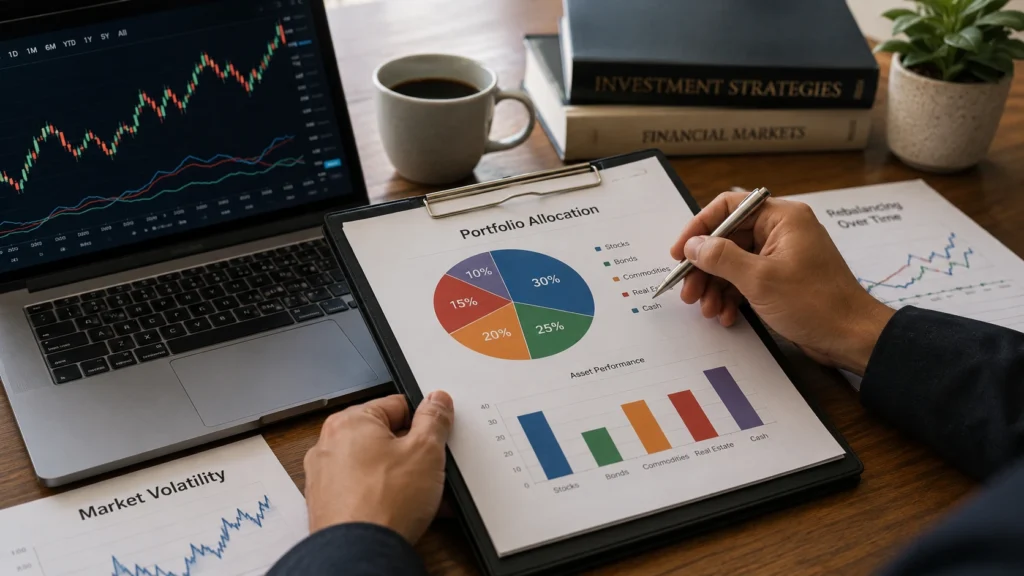Investor reviewing a diversified investment portfolio and rebalancing asset allocation during volatile market conditions using financial charts and performance reports.