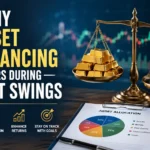 Featured illustration showing asset rebalancing during market swings with balanced investment assets, portfolio allocation chart, gold bars, stocks, and bonds representing risk management and portfolio diversification.