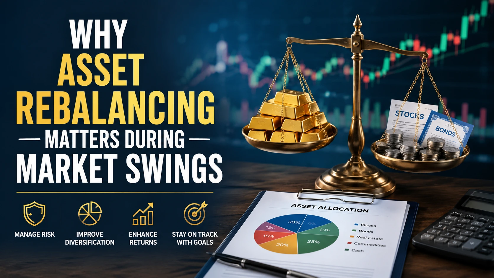 Featured illustration showing asset rebalancing during market swings with balanced investment assets, portfolio allocation chart, gold bars, stocks, and bonds representing risk management and portfolio diversification.