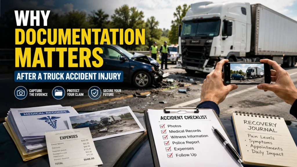Person documenting a truck accident scene with a smartphone while medical records and accident evidence support an injury claim.
