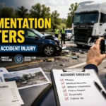 Person documenting a truck accident scene with a smartphone while medical records and accident evidence support an injury claim.