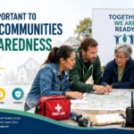 Community members collaborating on emergency preparedness planning to improve disaster response, resilience, and public safety.