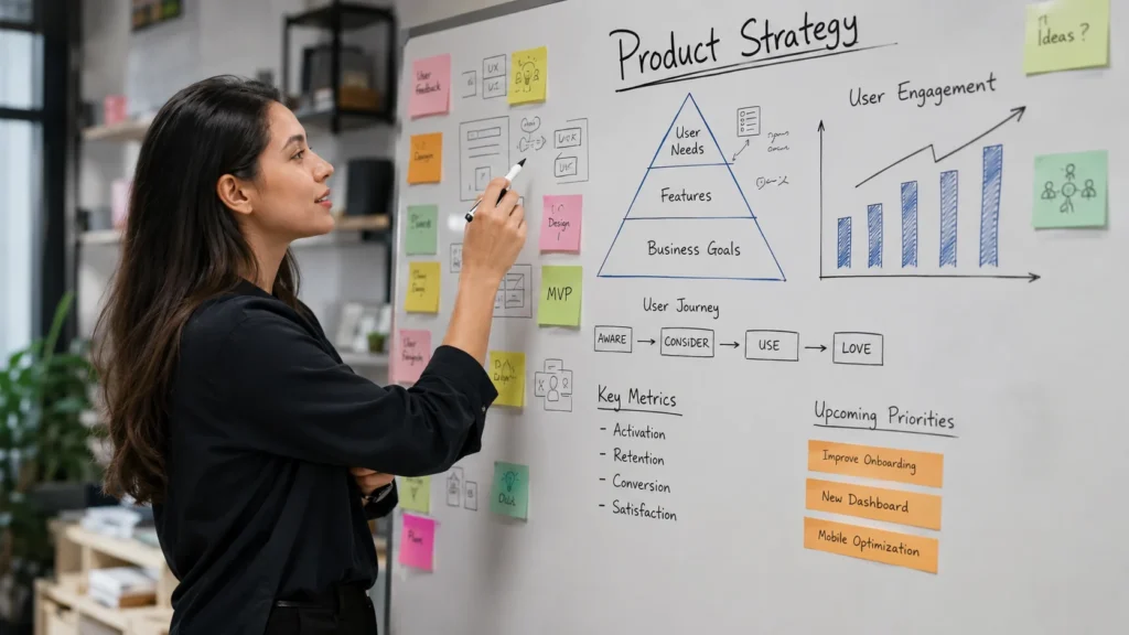 Product manager planning strategy with whiteboard, roadmap, user research, and business goals in a modern office, illustrating valuable product management skills for today's job market.