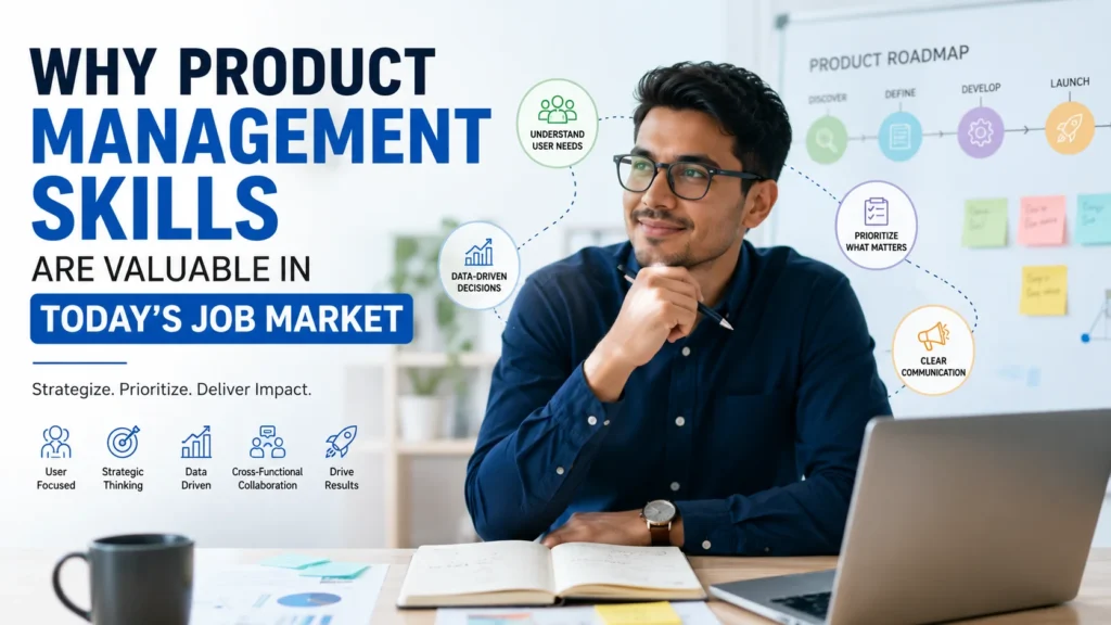 Professional product manager reviewing product strategy and roadmap in a modern office, highlighting why product management skills are valuable in today's competitive job market.