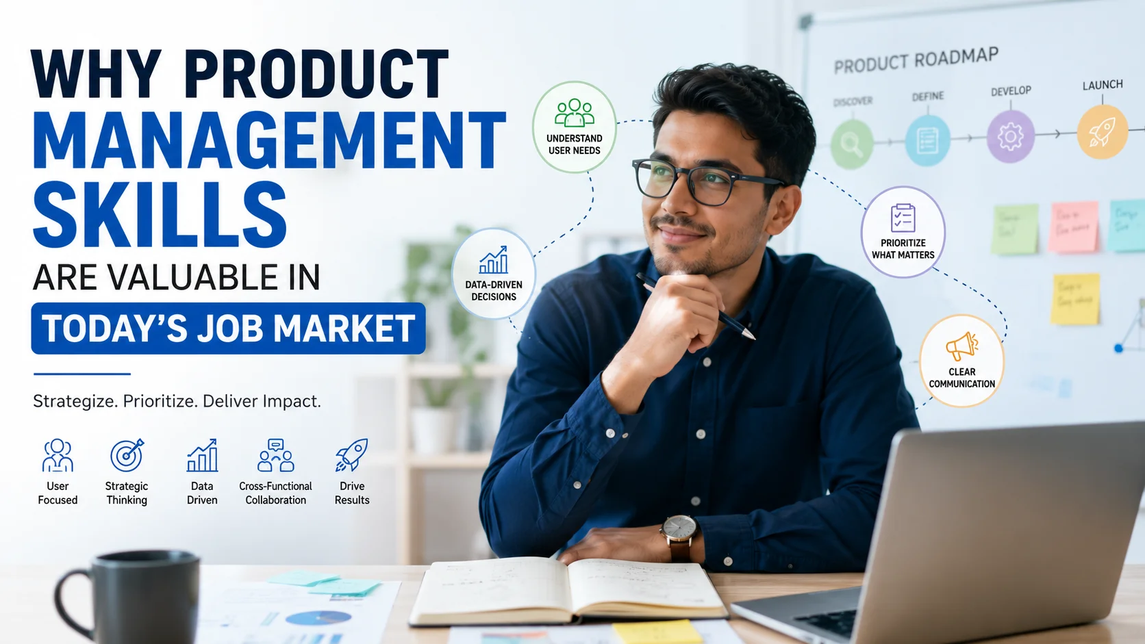 Professional product manager reviewing product strategy and roadmap in a modern office, highlighting why product management skills are valuable in today's competitive job market.